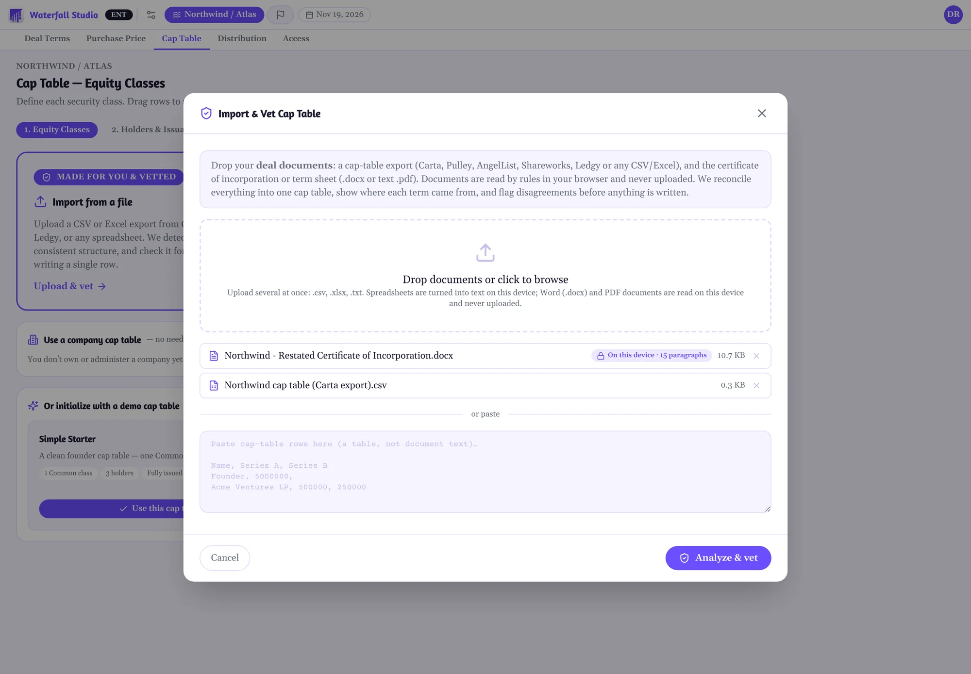Studio's Import & Vet Cap Table dialog with two files added: a certificate of incorporation marked 'On this device · 15 paragraphs' and a Carta cap table export.